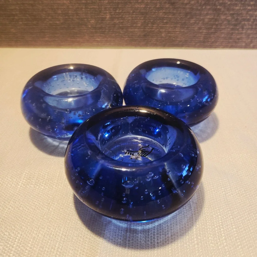 3 IKEA Blue Art Glass Controlled Bubble Paperweight Tea‎ light Candle Holder Set